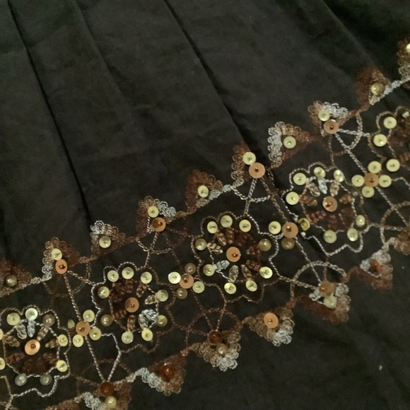 Loft women’s pleated brown embellished beaded linen cotton skirt size 4 - Picture 2 of 5